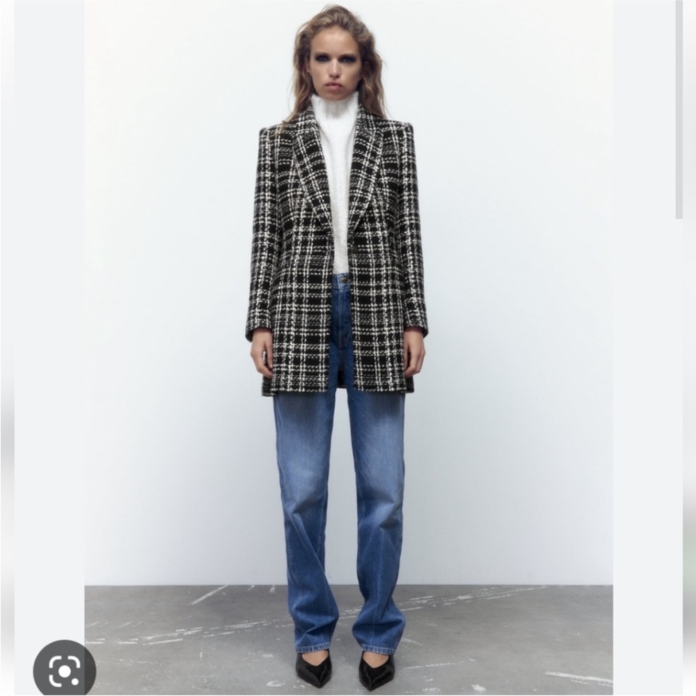Zara Black and White Tweed Plaid Blazer Coat - Picture 2 of 12